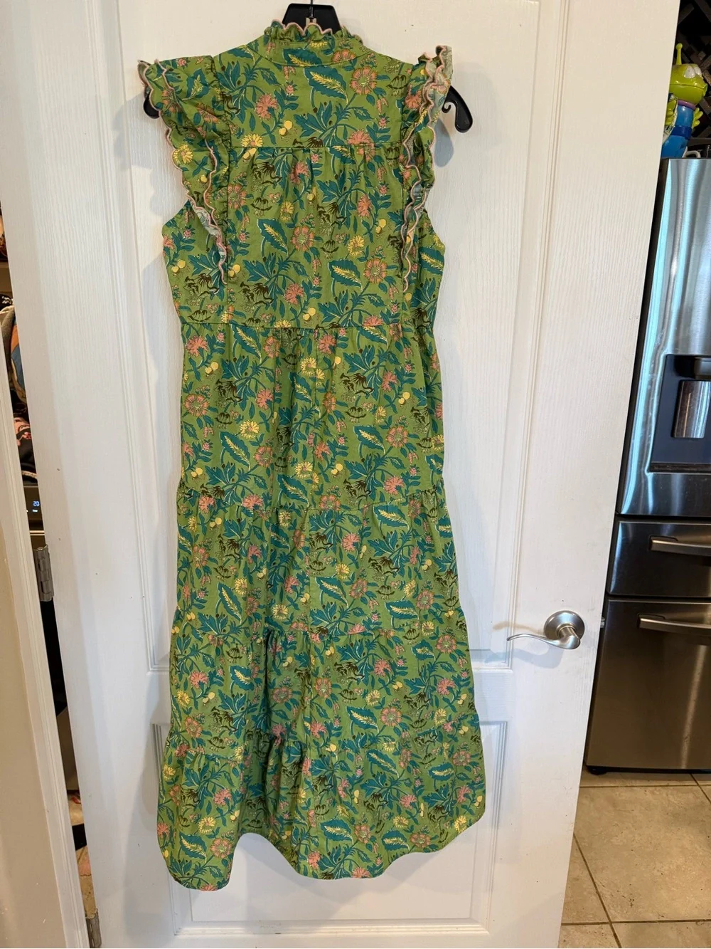 Umgee green Floral Garden Print Silky Cotton Tiered flutter Midi Dress small - Picture 4 of 8